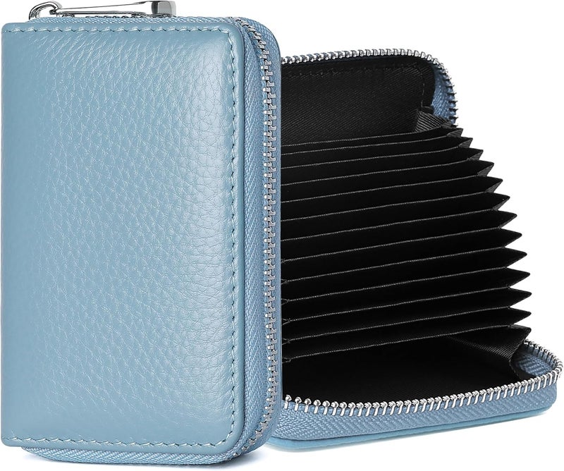 FEITH&FELLY Genuine Leather Credit Card Holder RFID Blocking Small Zipper Card Case Accordion Wallet for Women & Men - Image 1